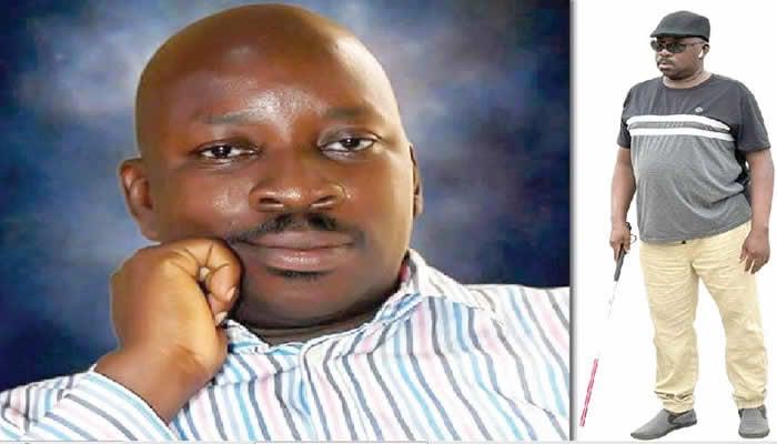 Kolapo Alaba Abiodun portrait sitting picture of when he had not eye impedement and a standing picture with a walking stick living with visual disability